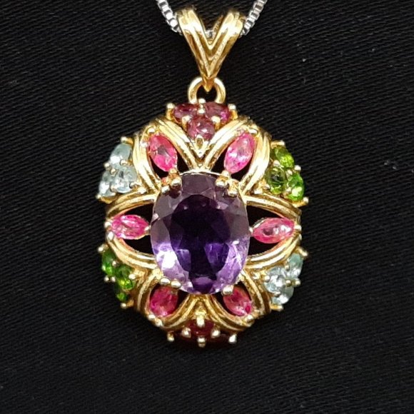 Katherine's Collection Jewelry - Fancy Gorgeous 3.17ct Real Amethyst & Tourmaline 14K Gold 925 Silver Pendant